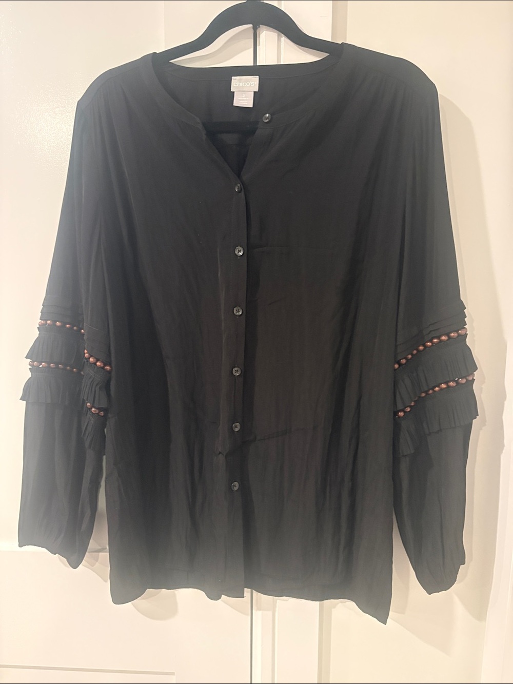Chicos Woman’s Black Button-Down Blouse with Beaded Ruffle Sleeves Size XL 2